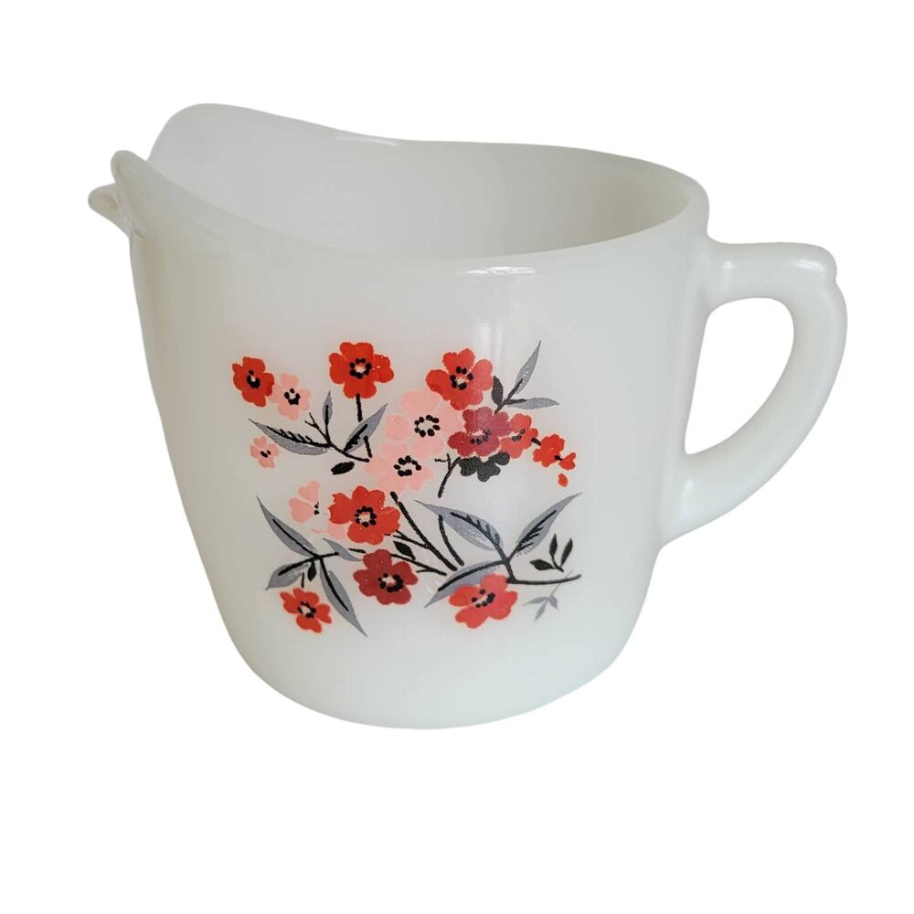 VTG Fire King Primrose Creamer Pink Red Floral Mid Century Anchor Hocking